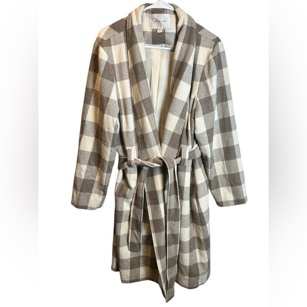 Amour Vert  Zuly Wool Twill Beige Cream Buffalo Check Coat Size XL